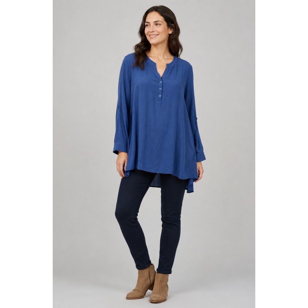 Soft Surroundings Popover Top Womens Small Blue Rayon Polyester Asymmetrical Hem
